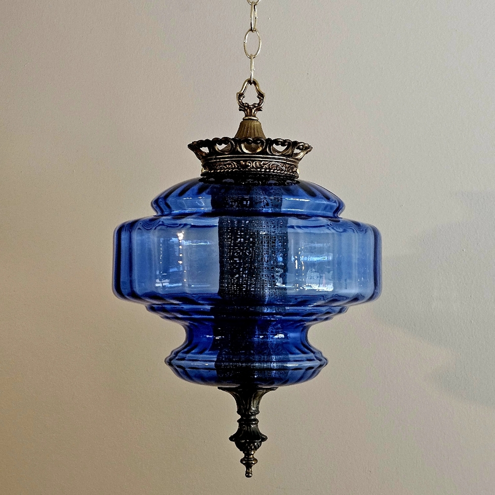 Vintage BLUE Glass FALKENSTEIN Hanging Light Swag Lamp Retro Diffuser Globe